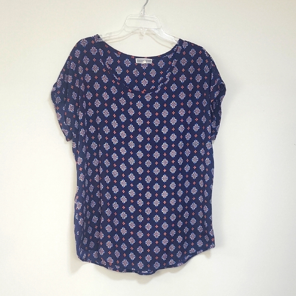 PLEONE Blue Orange Patterned Scoop Neck Short Sleeve Flowy Top